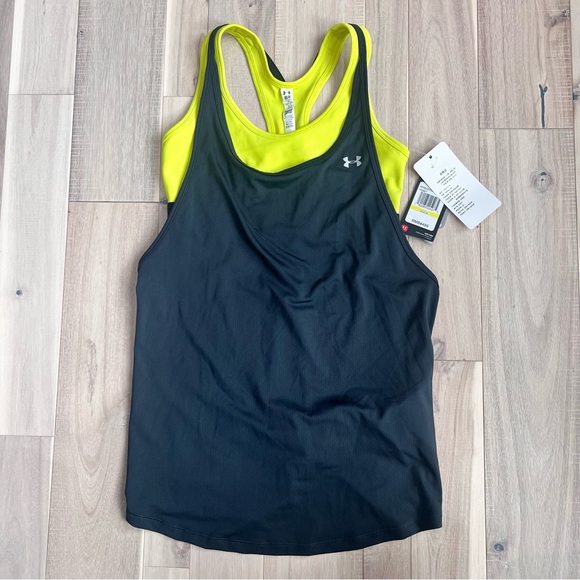 Under Armour Tops - NWT Under Armour Workout Top Tank Build-in Bra Support Dark Grey Lime Green M